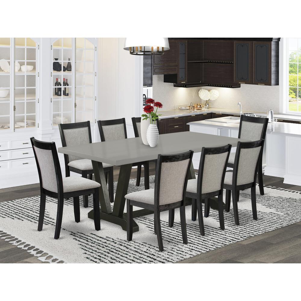 East West Furniture 9 Piece Modern Dining Set - A Cement Top Wooden Table with Trestle Base and 8 Shitake Linen Fabric Kitchen Chairs - Wire Brushed Black Finish. Picture 2