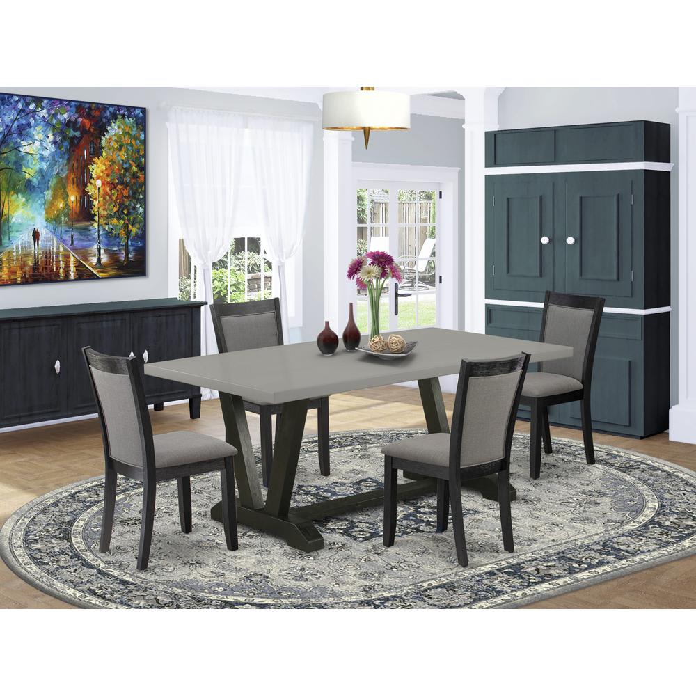 East West Furniture 5 Piece Table Set - A Cement Top Modern Dining Table with Trestle Base and 4 Dark Gotham Grey Linen Fabric Upholstered Dining Chairs - Wire Brushed Black Finish. Picture 2