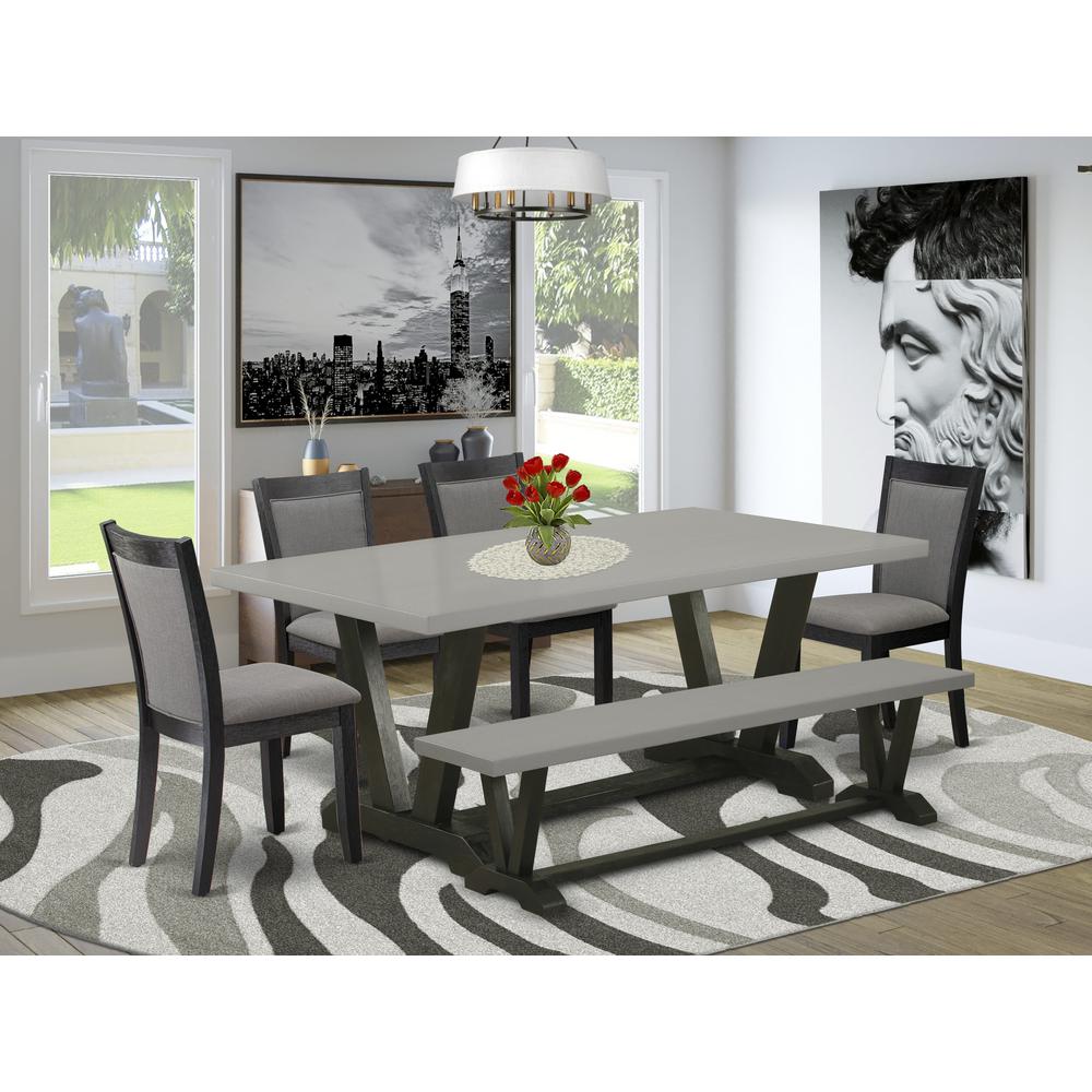 East West Furniture 6 Pc Dinner Table Set - Cement Top Modern Dining Table with a Wooden Bench and 4 Dark Gotham Grey Linen Fabric Upholstered Dining Chairs - Wire Brushed Black Finish. Picture 2