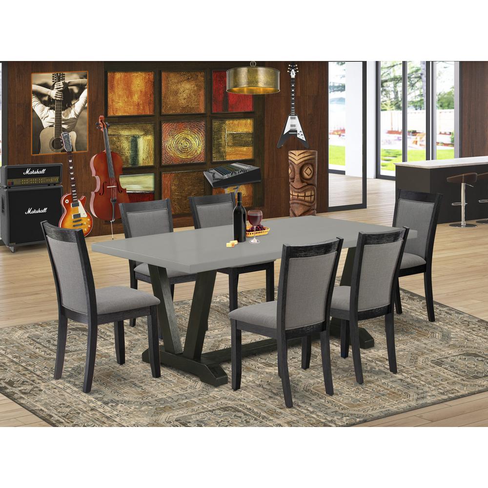 East West Furniture 7 Piece Modern Dining Set - Cement Top Modern Kitchen Table with Trestle Base and 6 Dark Gotham Grey Linen Fabric Dining Chairs - Wire Brushed Black Finish. Picture 2