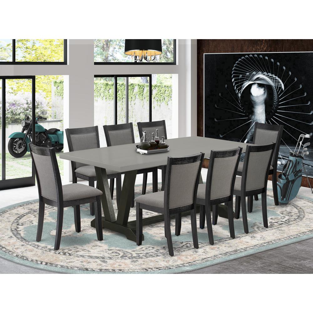 East West Furniture 9 Piece Dining Room Set - Cement Top Wood Dining Table with Trestle Base and 8 Dark Gotham Grey Linen Fabric Parson Chairs - Wire Brushed Black Finish. Picture 2