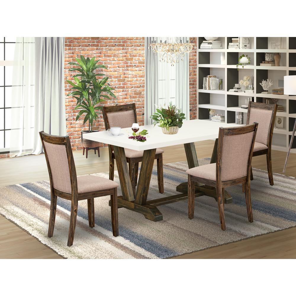 V726MZ716-5 5 Pc Modern Dining Table Set - A Dining Table with Trestle Base and 4 Dining Room Chairs - Distressed Jacobean Finish. Picture 2