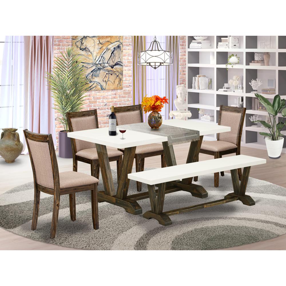 V726MZ716-6 6 Piece Dining Set- A Dinning Table in Trestle Base with Wood Bench and 4 Dining Chairs - Distressed Jacobean Finish. Picture 2