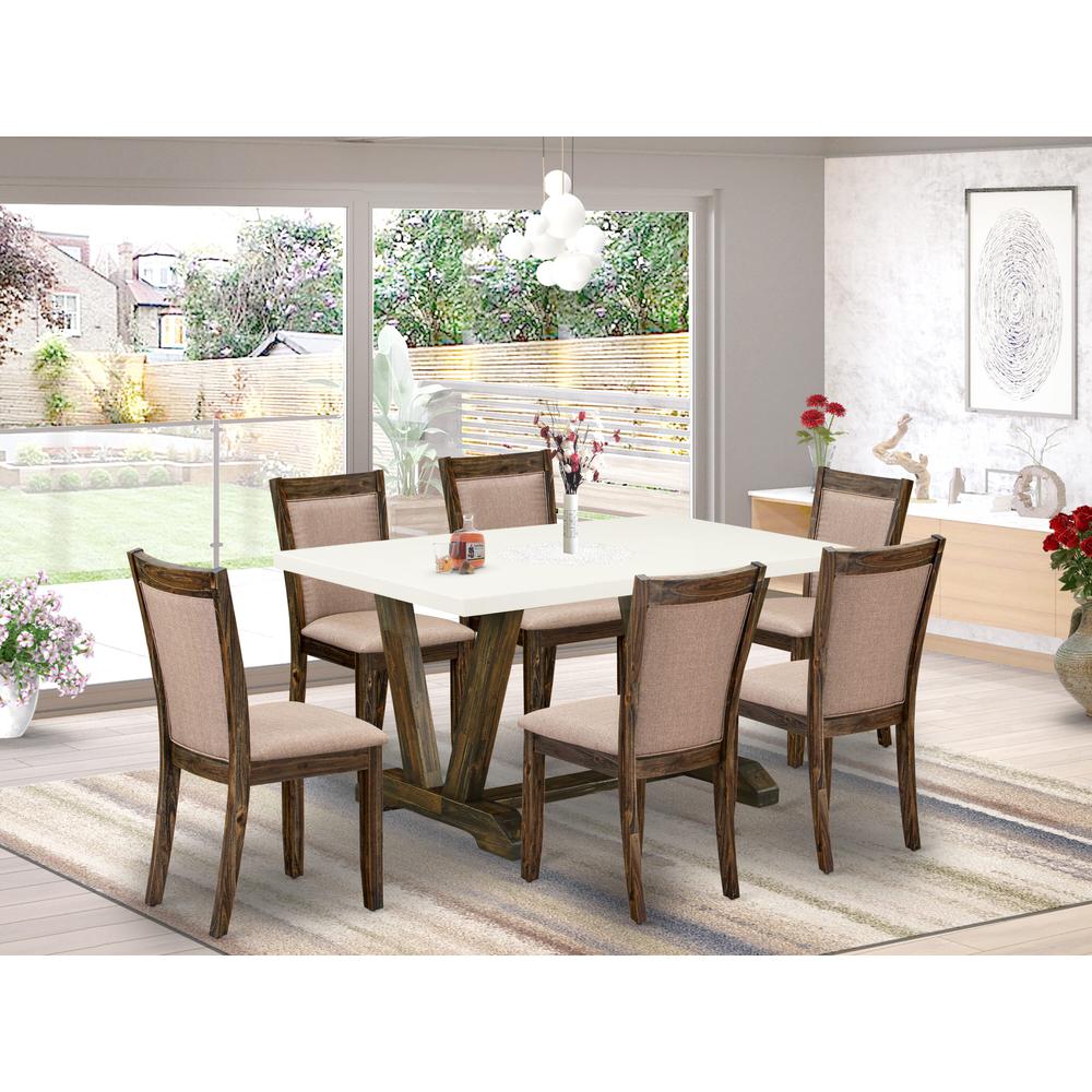 V726MZ716-7 7 Piece Modern Dining Set - A Dining Table with Trestle Base and 6 Chairs For Dining Room - Distressed Jacobean Finish. Picture 2