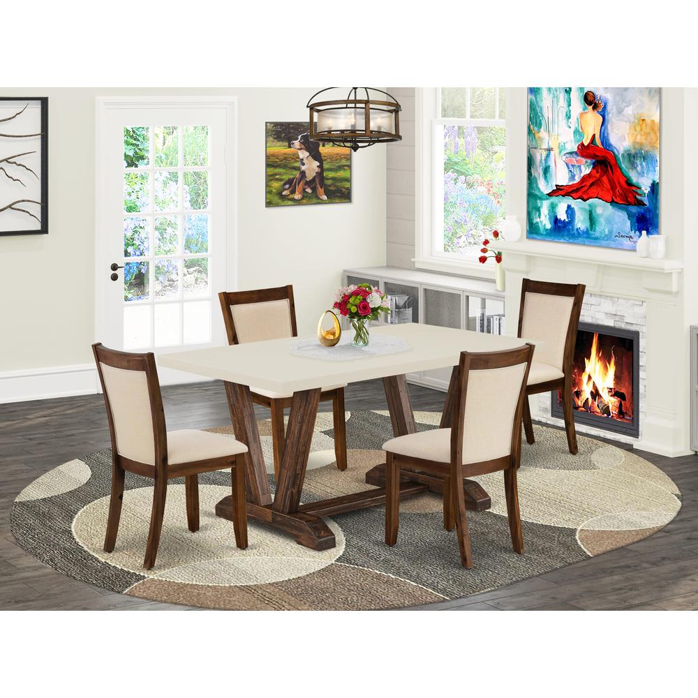 East West Furniture 5-Pc Kitchen Set - 1 Dining Table with Linen White Tabletop and 4 Light Beige Linen Fabric Modern Chairs with Stylish High Back (Distressed Jacobean Finish). Picture 2