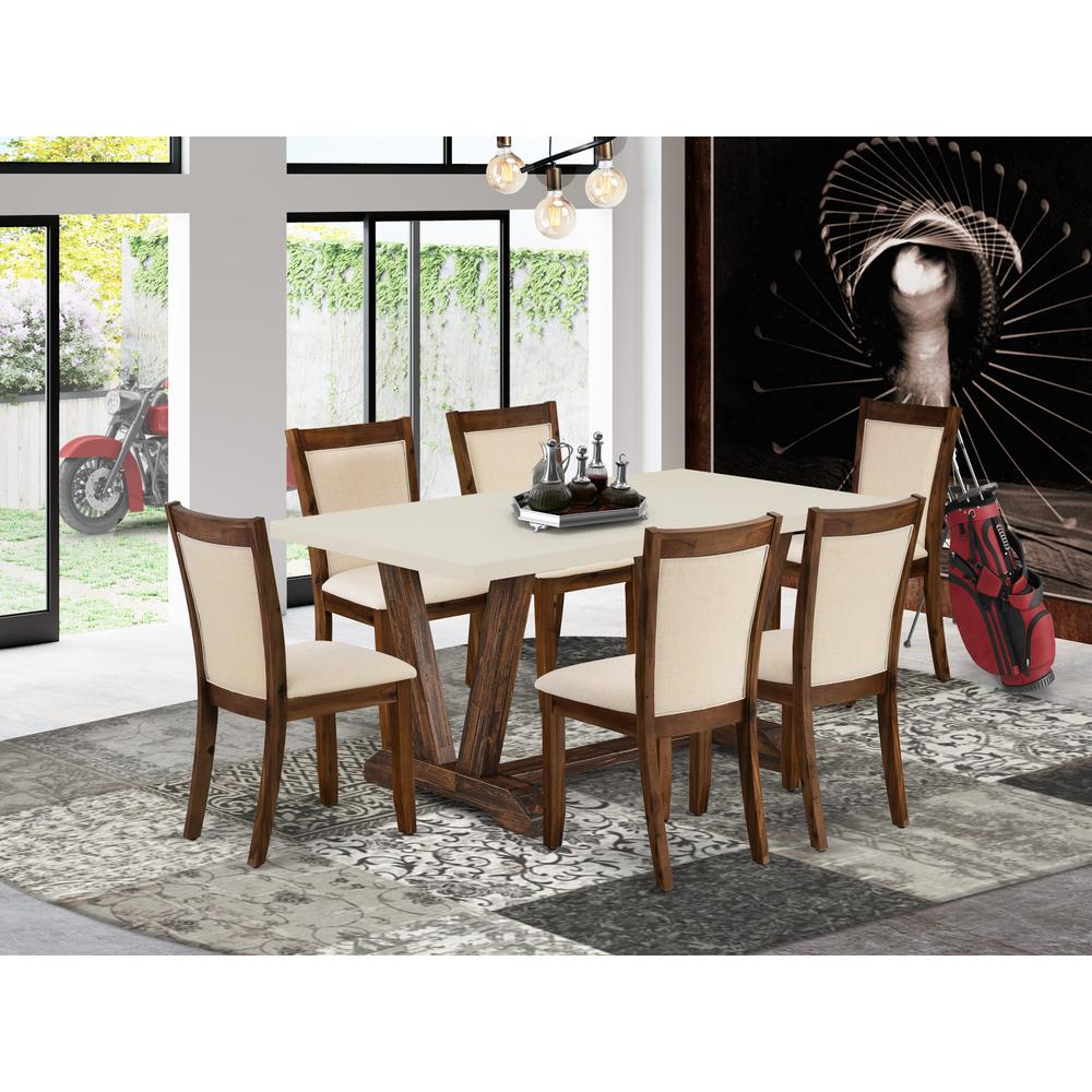 East West Furniture 7-Pc Dining Table Set - A Dining Table with Linen White Top and 6 Light Beige Linen Fabric Modern Dining Chairs with Stylish Back (Distressed Jacobean Finish). Picture 2
