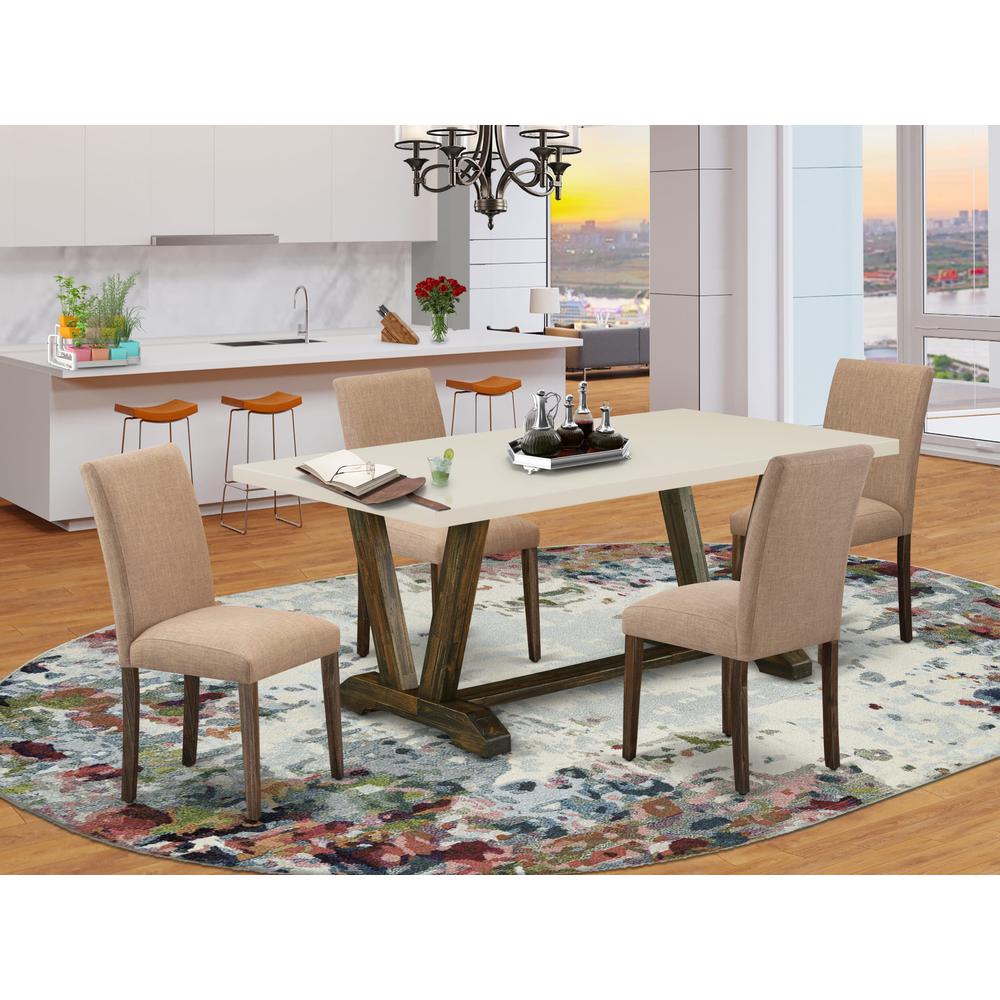East West Furniture 5-Piece Modern Dining Set-A Modern Table and 4Linen FabricModern Chairs with High Back - Distressed Jacobean Finish. Picture 2
