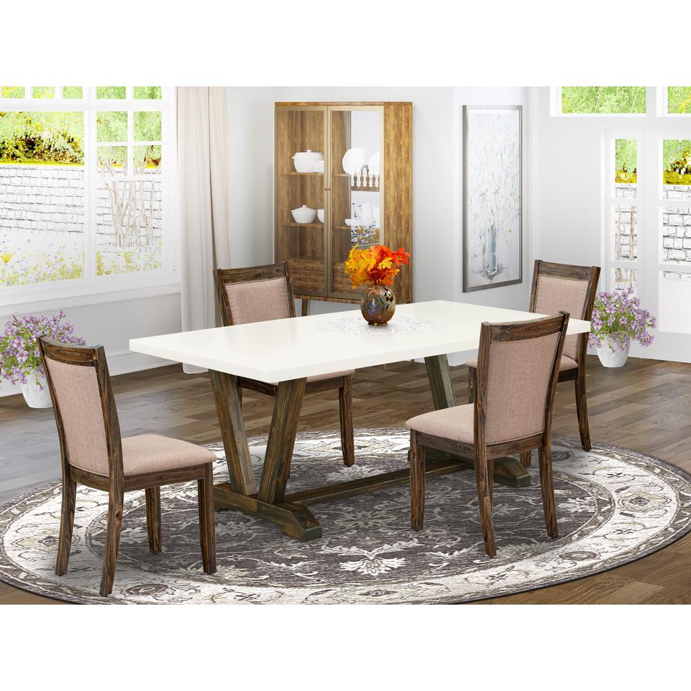V727MZ716-5 5 Piece Dining Table Set - A Modern Kitchen Table with Trestle Base and 4 Kitchen Chairs - Distressed Jacobean Finish. Picture 2