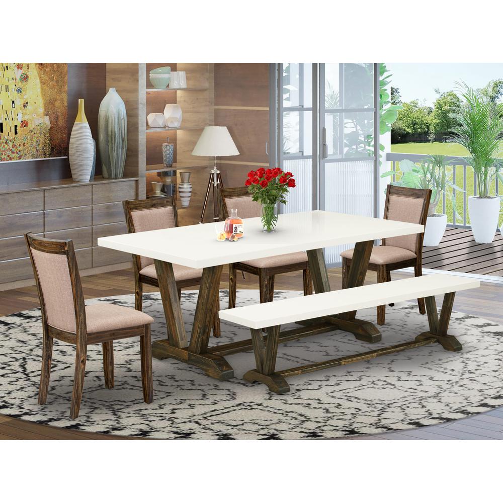 V727MZ716-6 6 Pc Table Set- A Kitchen Table in Trestle Base with Wood Bench and 4 parson chairs - Distressed Jacobean Finish. Picture 2