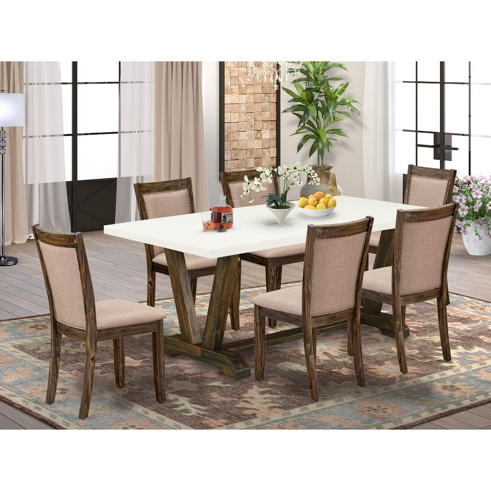 V727MZ716-7 7 Piece Dinning Table Set - A Wooden Dining Table with Trestle Base and 6 Dining Chairs - Distressed Jacobean Finish. Picture 2