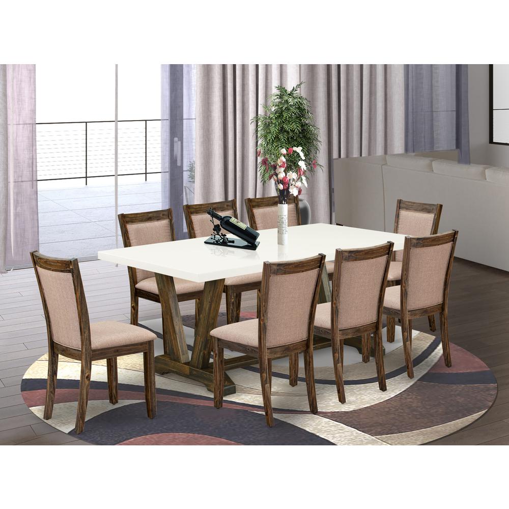 V727MZ716-9 9 Piece Kitchen Table Set - A Modern Kitchen Table with Trestle Base and 8 Dining Chairs - Distressed Jacobean Finish. Picture 2
