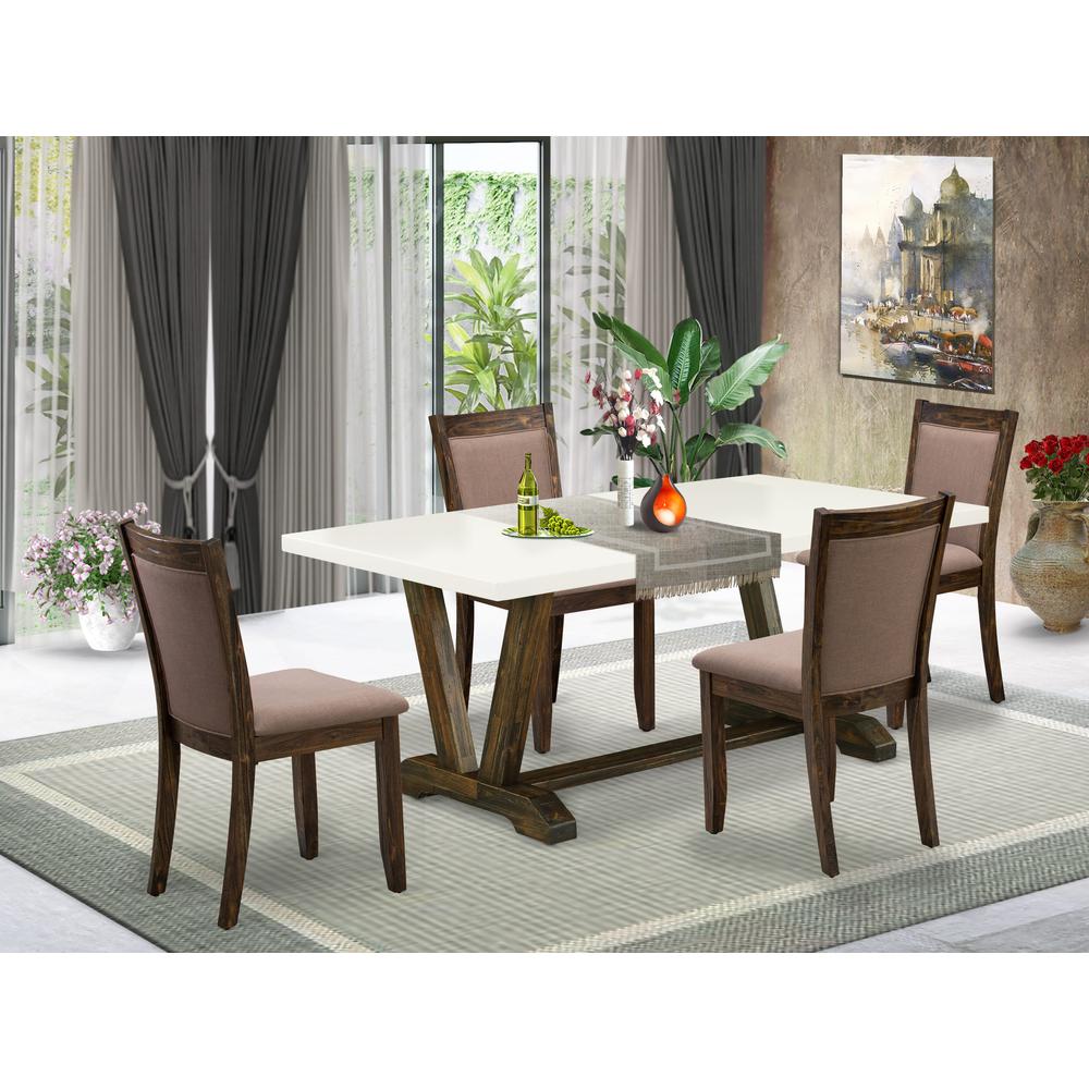 V727MZ748-5 5 Piece Dining Table Set - A Dinner Table with Trestle Base and 4 Coffee Parson Chairs - Distressed Jacobean Finish. Picture 2