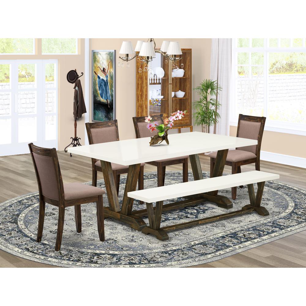 V727MZ748-6 6 Piece Dining Set- A Dining Table in Trestle Base with Bench and 4 Coffee Dinner Chairs - Distressed Jacobean Finish. Picture 2