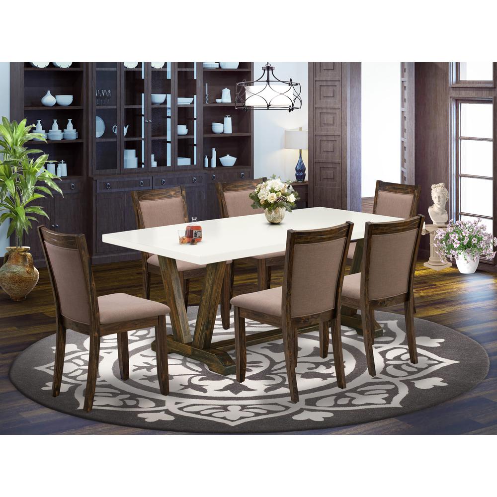 V727MZ748-7 7 Pc Modern Dining Set - A Kitchen Table with Trestle Base and 6 Coffee Dinning Chairs - Distressed Jacobean Finish. Picture 2