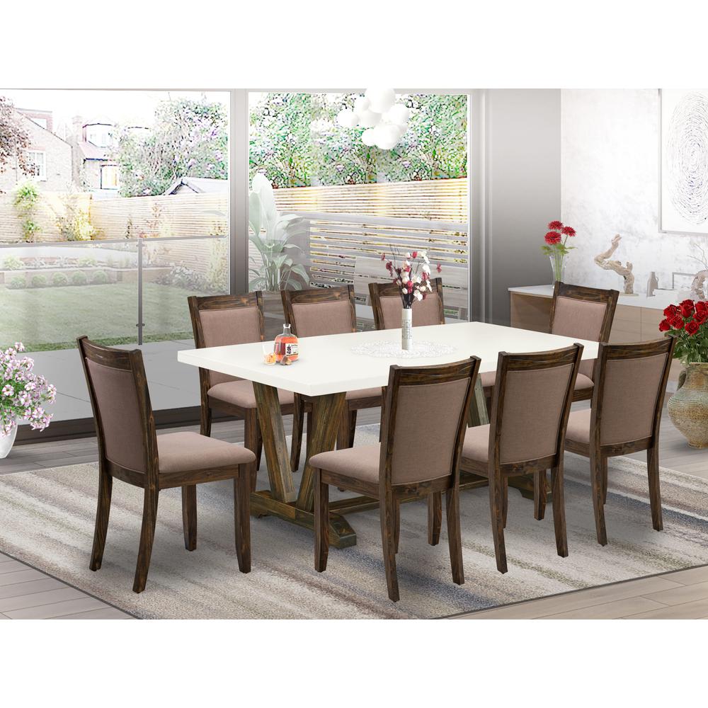 V727MZ748-9 9 Piece Dinette Set - A Wooden Table with Trestle Base and 8 Coffee Modern Dining Chairs - Distressed Jacobean Finish. Picture 2