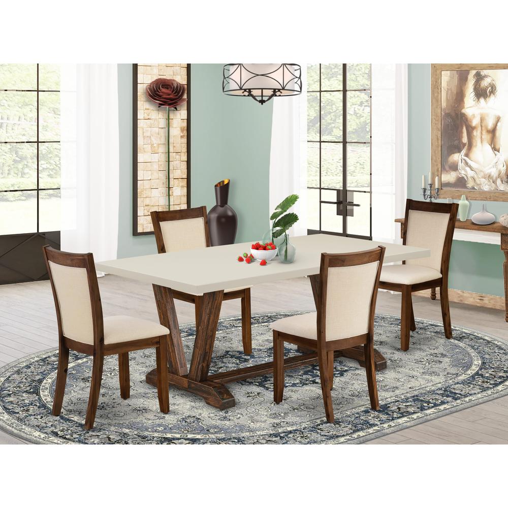 East West Furniture 5-Pieces Dining Room Table Set - A Dining Room Table with Linen White Top and 4 Light Beige Fabric Dining Room Chairs with Stylish Back (Distressed Jacobean Finish). Picture 2