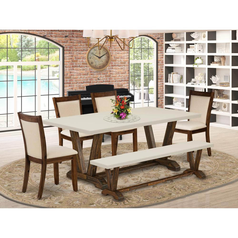 East West Furniture 6-Pc Dining Room Set - 1 Dining Table, Modern Dining Bench with Linen White Top and 4 Light Beige Fabric Kitchen Chairs with Stylish Back (Distressed Jacobean Finish). Picture 2