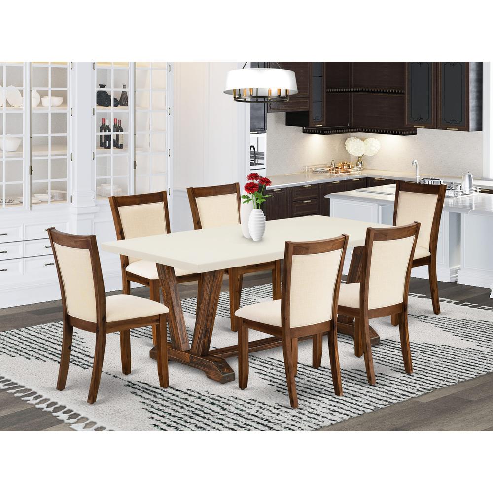 East West Furniture 7-Pieces Dining Room Set - A Dinning Table with Linen white Top and 6 Light Beige Fabric Dining Chairs with Stylish Back (Distressed Jacobean Finish). Picture 2