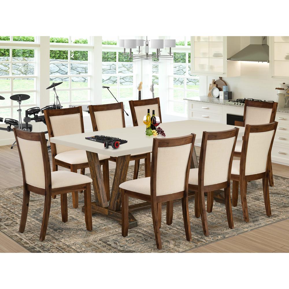 East West Furniture 9-Pc Kitchen Table Set - A Dining Room Table with Linen White Top and 8 Light Beige Fabric Modern Chairs with Stylish Back (Distressed Jacobean Finish). Picture 2