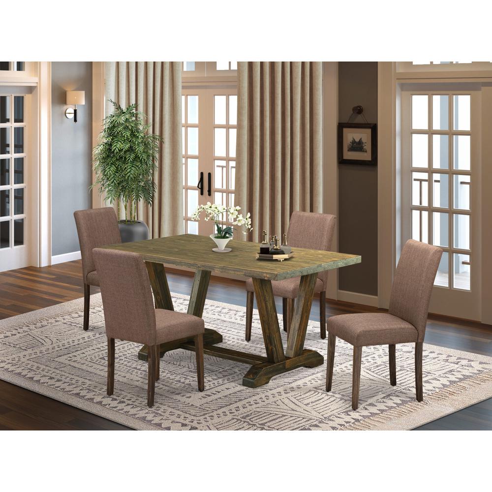 East West Furniture 5-Piece Modern Dining Table Set-A Mid Century Dining Table and 4Linen FabricModern Chairs with High Back - Distressed Jacobean Finish. Picture 2