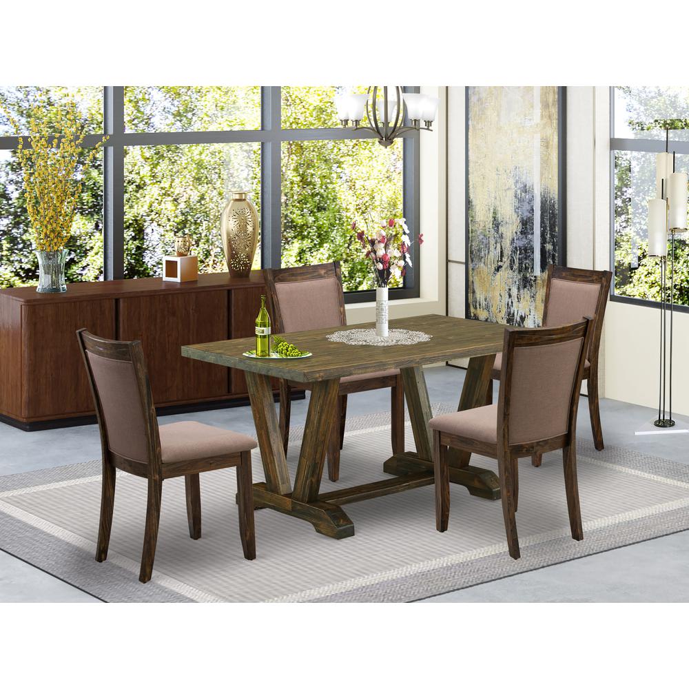V776MZ716-5 5 Piece Dining Table Set - A Modern Dining Table with Trestle Base and 4 Parson Chairs - Distressed Jacobean Finish. Picture 2