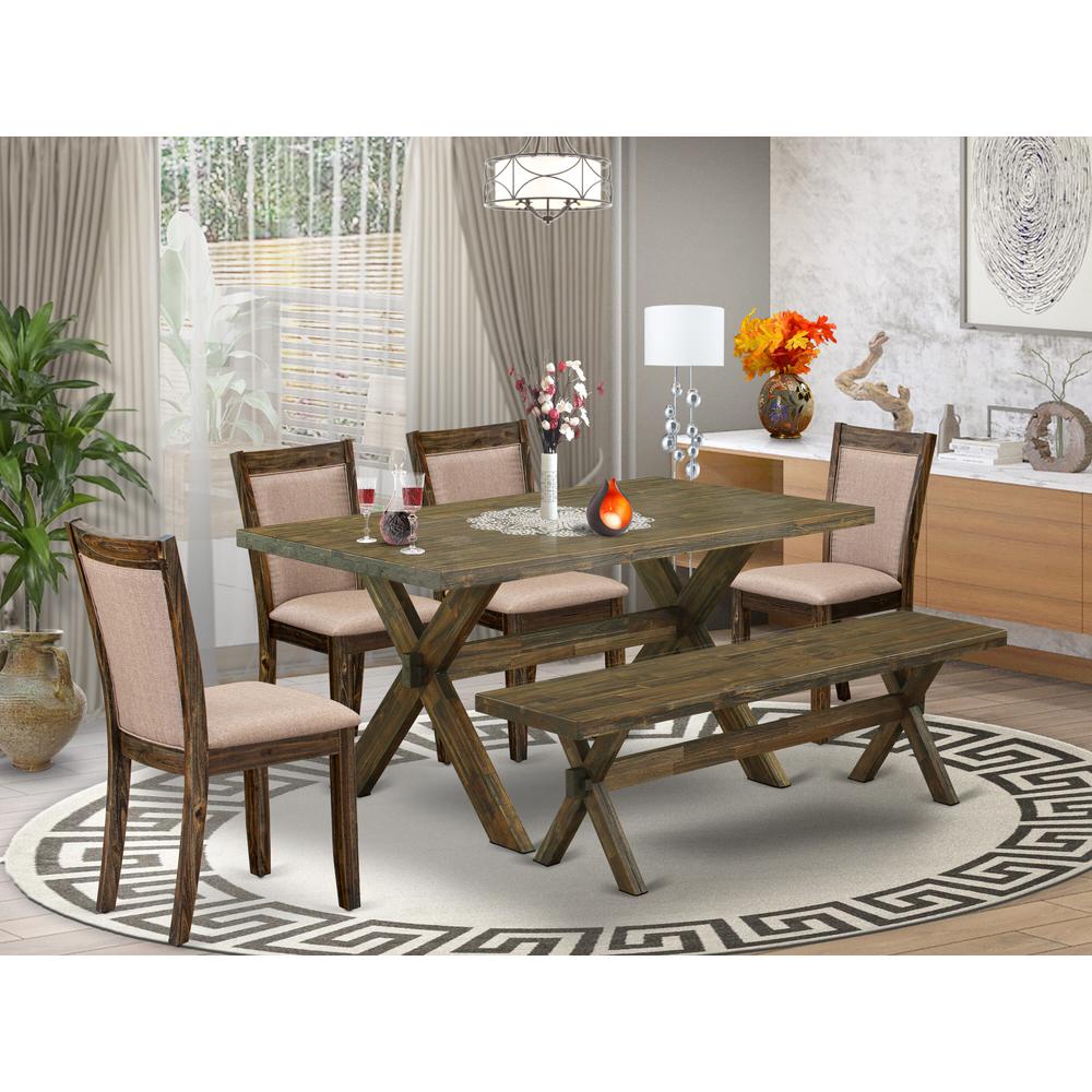 V776MZ716-6 6 Piece Dining Table Set- A Dining Table in Trestle Base with Bench and 4 Parsons Chairs - Distressed Jacobean Finish. Picture 2