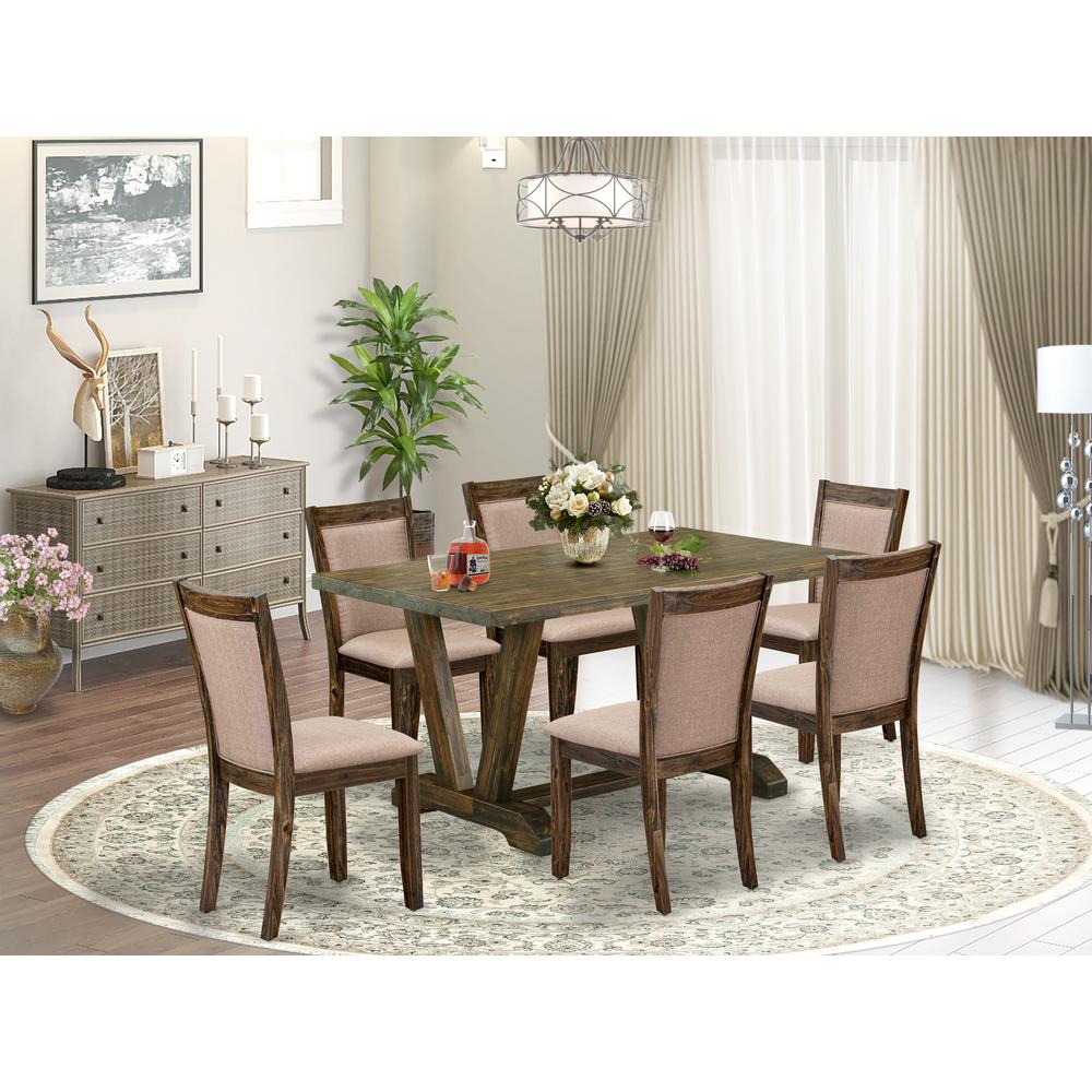 V776MZ716-7 7 Pc Modern Dining Set - A Kitchen Table with Trestle Base and 6 Chairs For Dining Room - Distressed Jacobean Finish. Picture 2