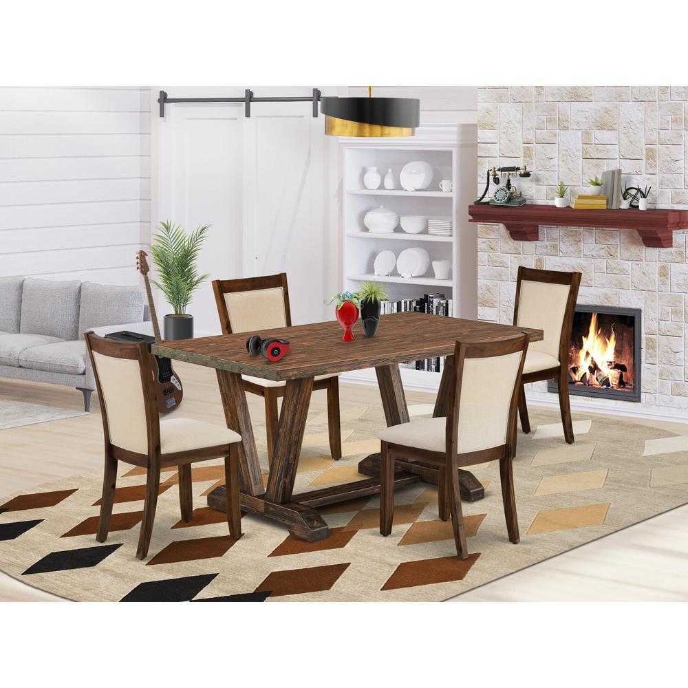 East West Furniture 5-Pieces Dinette Set - 1 Dining Room Table with Trestle Base and 4 Light Beige Fabric Kitchen Chairs with Stylish Back (Distressed Jacobean Finish). Picture 2