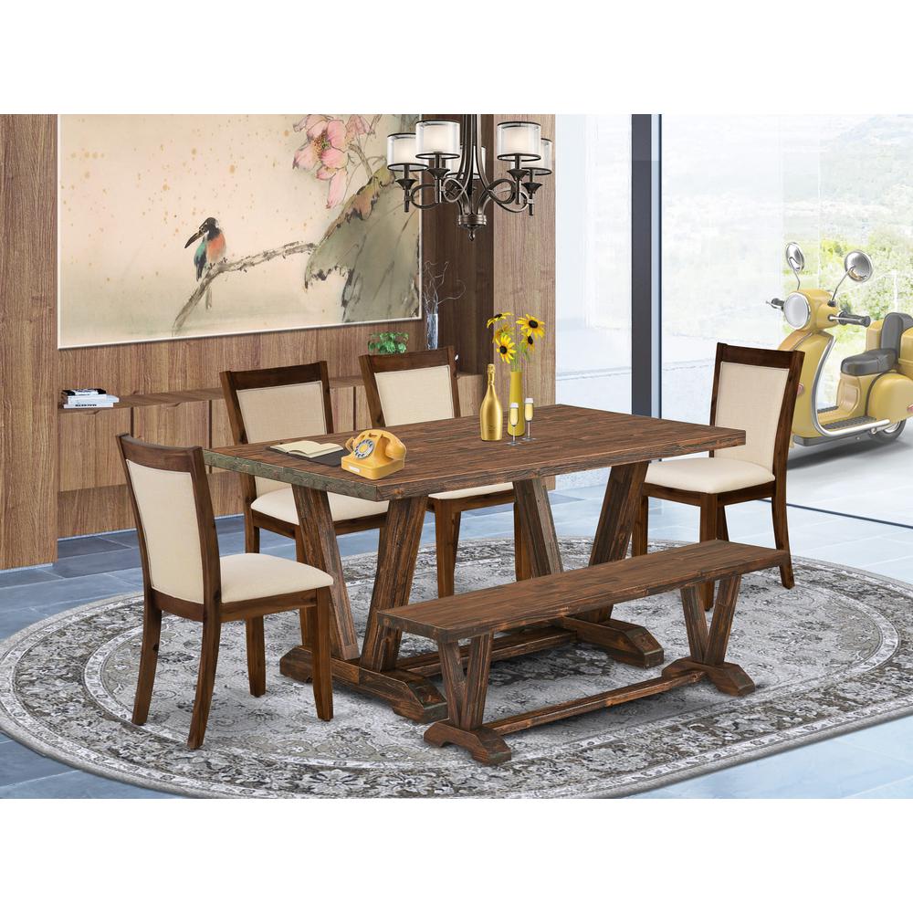 East West Furniture 6-Pc Small Dining Set - 1 Beautiful Modern Dining Table, A Dining Bench and 4 Light Beige Fabric Wood Dining Chairs with Stylish Back (Distressed Jacobean Finish). Picture 2