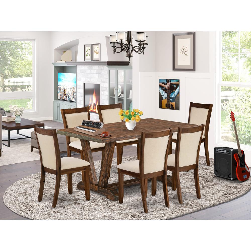 East West Furniture 7-Pieces Kitchen Table Set - 6 Light Beige Fabric Upholstered Dining Chairs with Stylish Back and 1 Kitchen Table with Trestle Base (Distressed Jacobean Finish). Picture 2