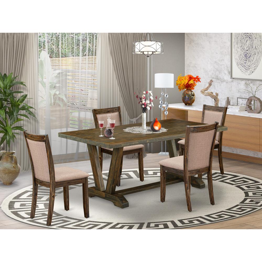 East West Furniture 5 Piece Dining Table Set - A Distressed Jacobean Top Dining Table with Trestle Base and 4 Dark Khaki Linen Fabric Dining Chairs - Distressed Jacobean Finish. Picture 2
