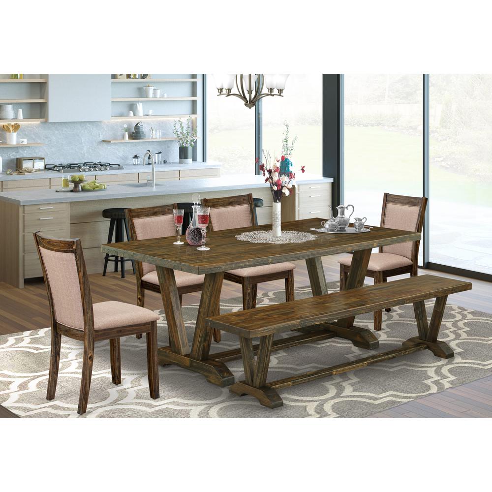 East West Furniture 6 Piece Dining Table Set- A Distressed Jacobean Top Kitchen Table in Trestle Base with Bench and 4 Dark Khaki Linen Fabric Dining Chairs - Distressed Jacobean Finish. Picture 2