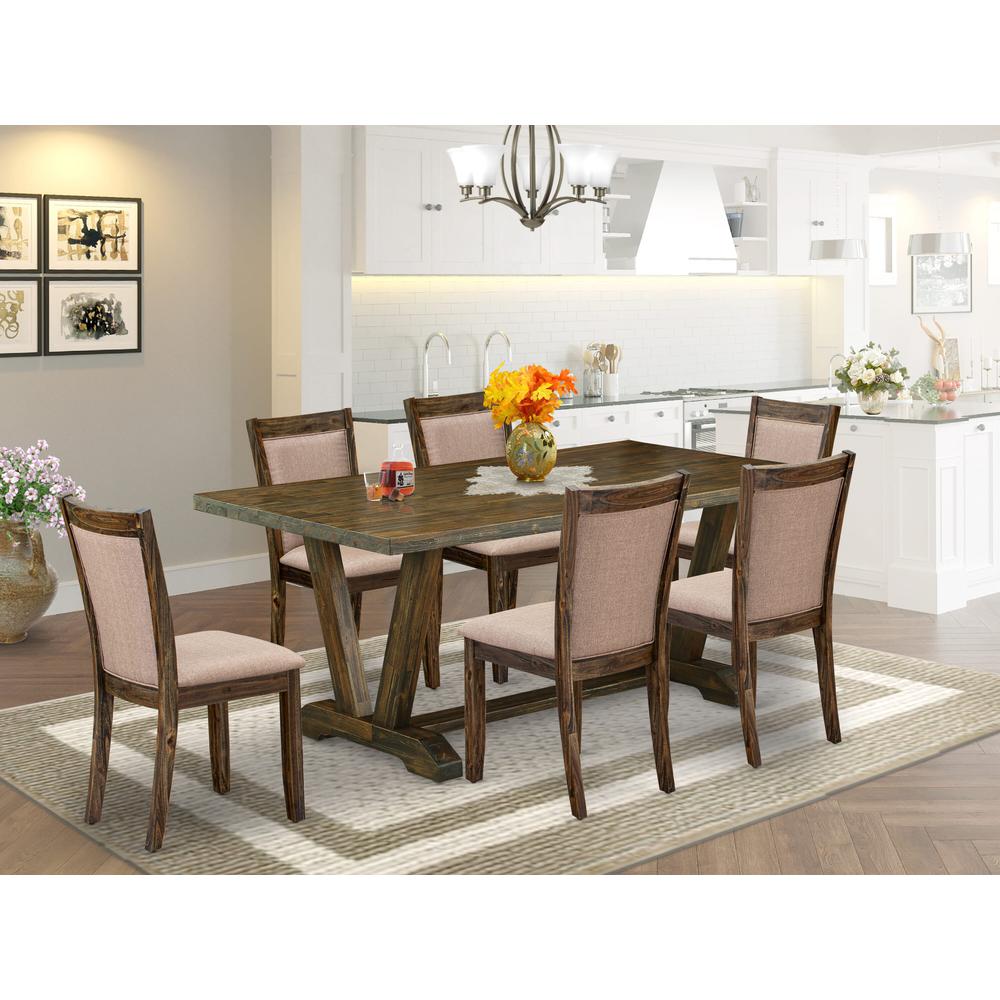 East West Furniture 7 Piece Modern Kitchen Table Set - A Distressed Jacobean Top Wooden Table with Trestle Base and 6 Dark Khaki Linen Fabric dining chairs - Distressed Jacobean Finish. Picture 2
