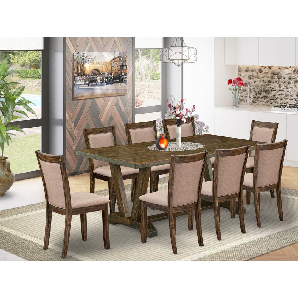 East West Furniture 9 Piece Dinette Set - A Distressed Jacobean Top Dining Table with Trestle Base and 8 Dark Khaki Linen Fabric Upholstered Dining Chairs - Distressed Jacobean Finish. Picture 2