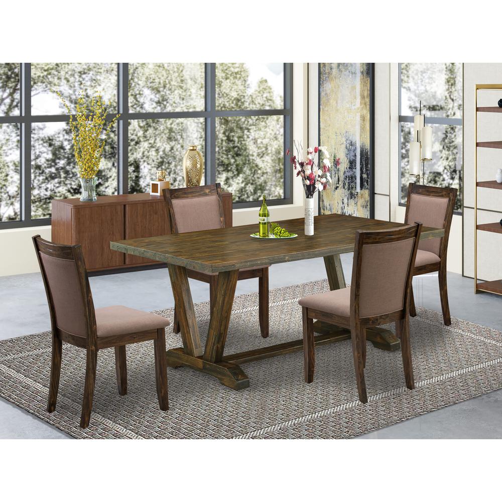 East West Furniture 5 Piece Kitchen Table Set - A Distressed Jacobean Top Rustic Kitchen Table with Trestle Base and 4 Coffee Linen Fabric Parsons Chairs - Distressed Jacobean Finish. Picture 2