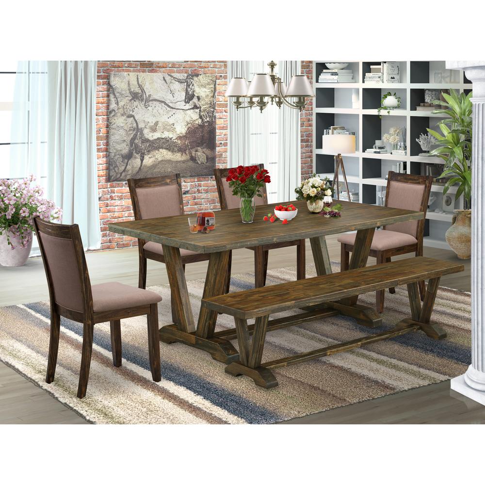 East West Furniture 6 Piece Modern Dining Table Set- A Distressed Jacobean Top Table in Trestle Base with Wood Bench and 4 Coffee Linen Fabric Dining Chairs - Distressed Jacobean Finish. Picture 2