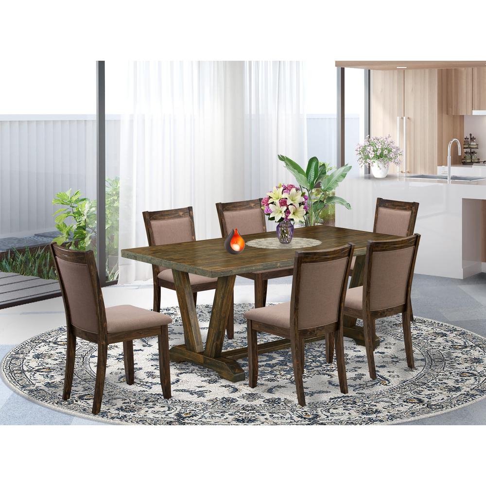 East West Furniture 7 Piece Dinner Table Set - A Distressed Jacobean Top Dinner Table with Trestle Base and 6 Coffee Linen Fabric Wood Dining Chairs - Distressed Jacobean Finish. Picture 2