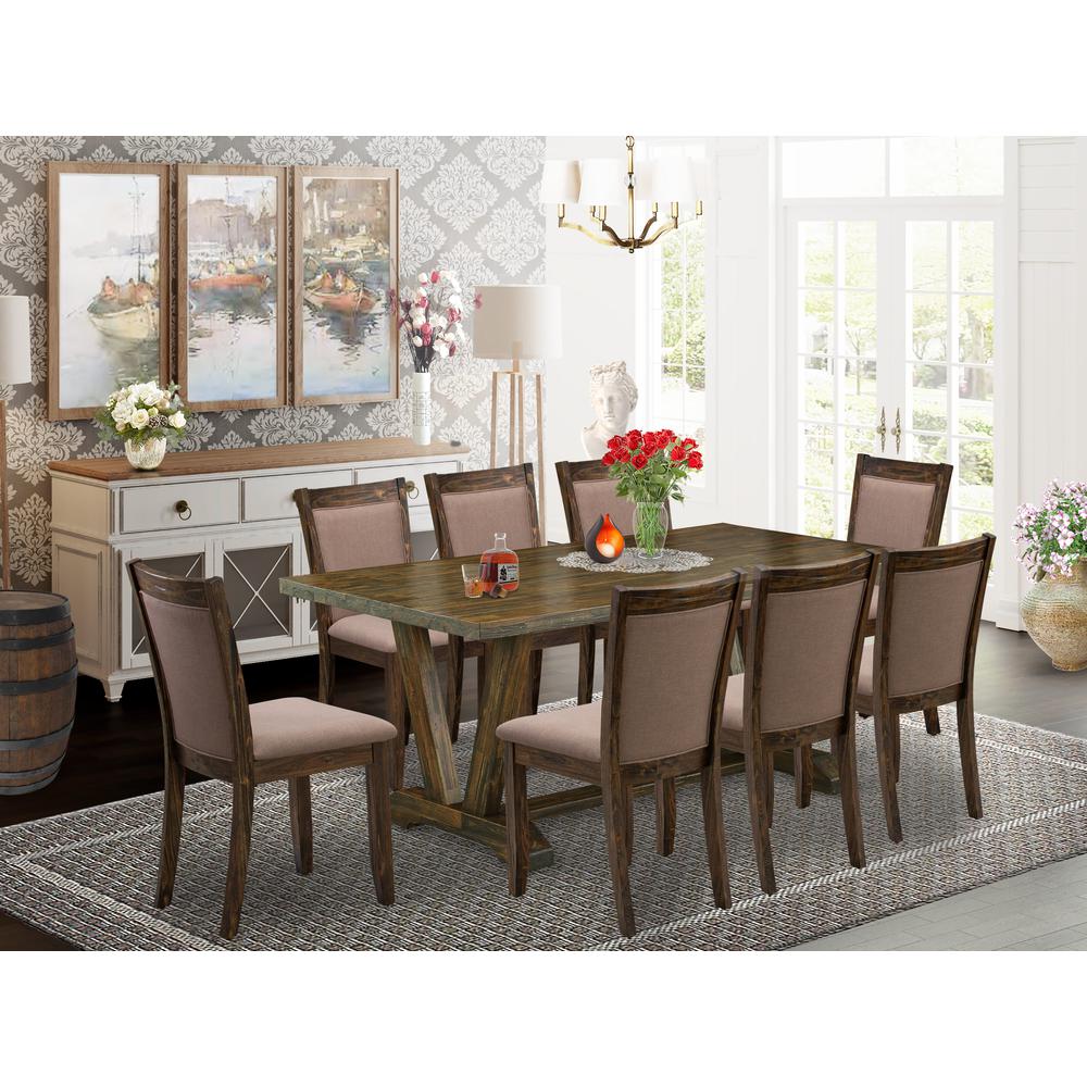 East West Furniture 9 Piece Kitchen Dining Table Set - A Distressed Jacobean Top Dining Table with Trestle Base and 8 Coffee Linen Fabric Dining Room Chairs - Distressed Jacobean Finish. Picture 2