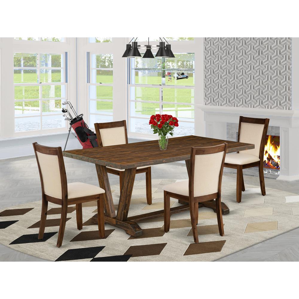 East West Furniture 5-Pc Dining Room Set Includes a Dining Table and 4 Light Beige Linen Fabric Mid Century Dining Chairs with Stylish Back - Distressed Jacobean Finish. Picture 2