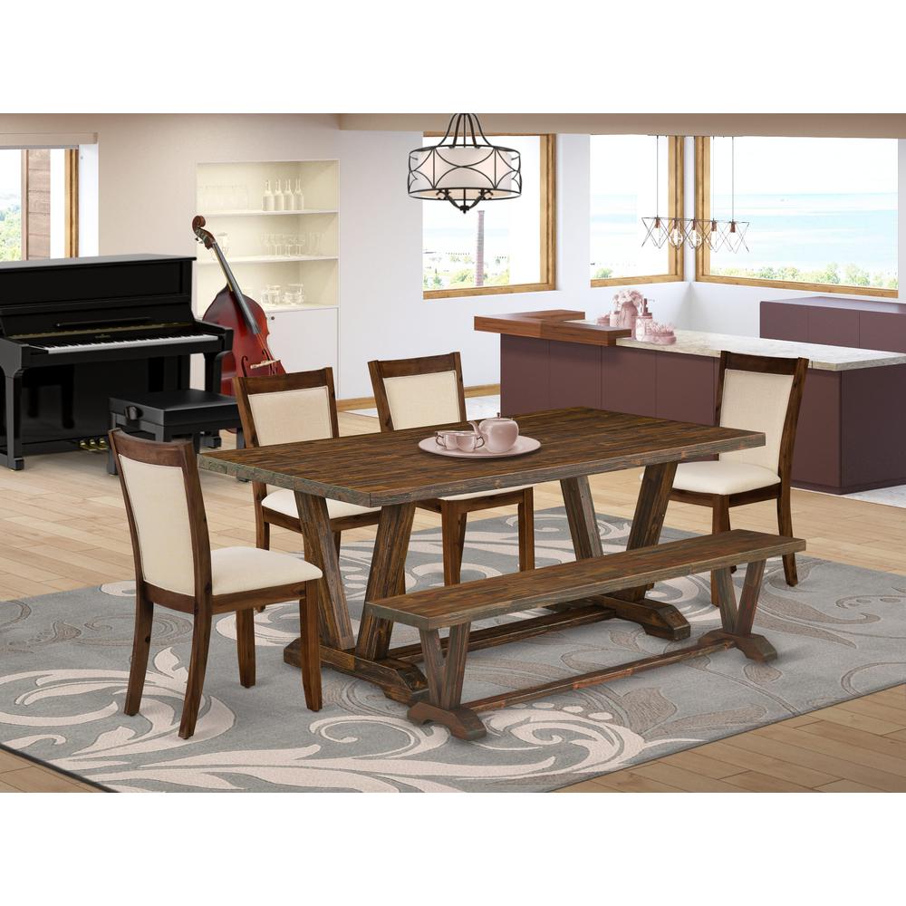 East West Furniture 6-Piece Modern Dining Set Consists of a Rectangular Table and a Small Bench with 4 Light Beige Linen Fabric Dining Chairs with Stylish Back - Distressed Jacobean Finish. Picture 2