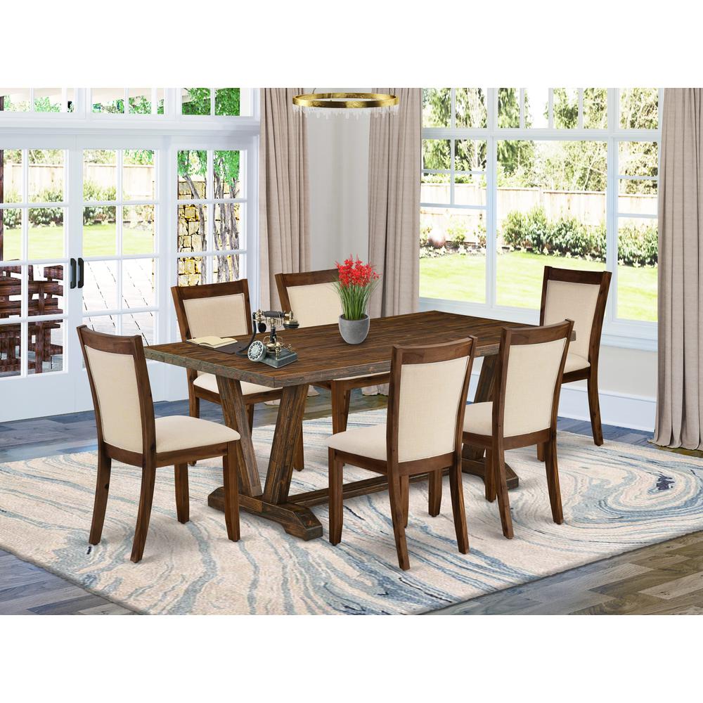 East West Furniture 7-Pc Dining Table Set Contains a Rectangular Dining Table and 6 Light Beige Linen Fabric Parsons Chairs with Stylish Back - Distressed Jacobean Finish. Picture 2