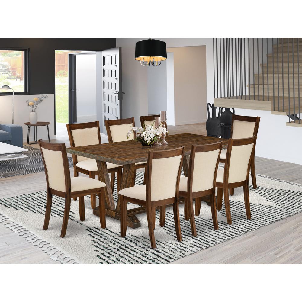East West Furniture 9-Piece Dining Room Set Includes a Dinner Table and 8 Light Beige Linen Fabric Upholstered Chairs with Stylish Back - Distressed Jacobean Finish. Picture 2
