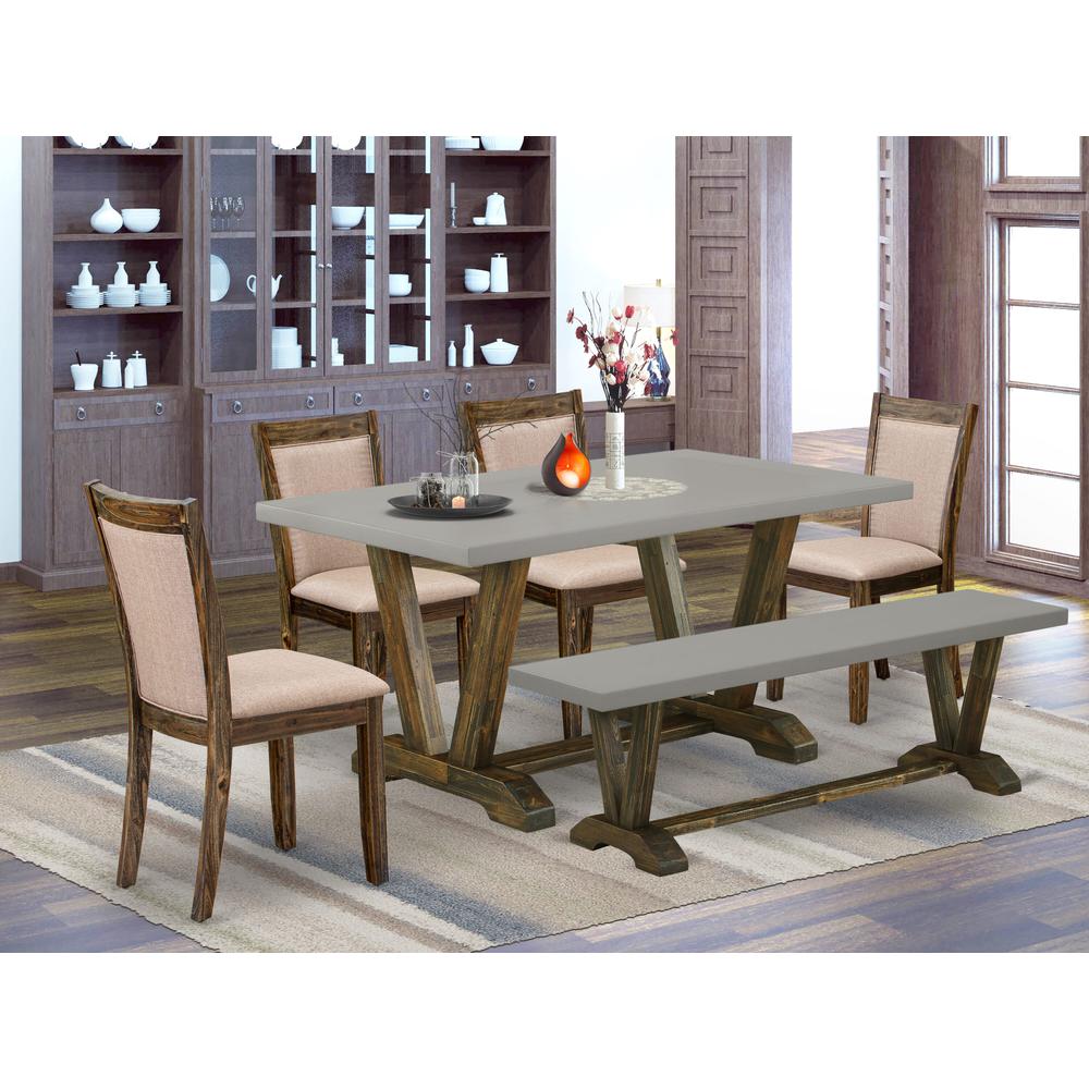 East West Furniture 6 Piece Dining Set- A Cement Top Mid Century Dining Table in Trestle Base with Dining Bench and 4 Dark Khaki Linen Fabric Kitchen Chairs - Distressed Jacobean Finish. Picture 2