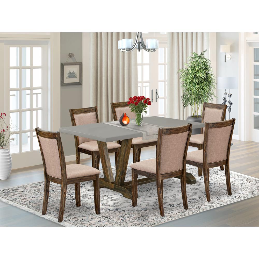 East West Furniture 7 Piece Modern Dinette Set - A Cement Top Wooden Dining Table with Trestle Base and 6 Dark Khaki Linen Fabric Kitchen Chairs - Distressed Jacobean Finish. Picture 2