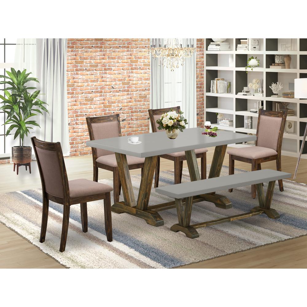 East West Furniture 6-Pc Dining Set - 4 dining room chairs, a Small Bench and 1 Kitchen Dining Table (Distressed Jacobean Finish). Picture 2