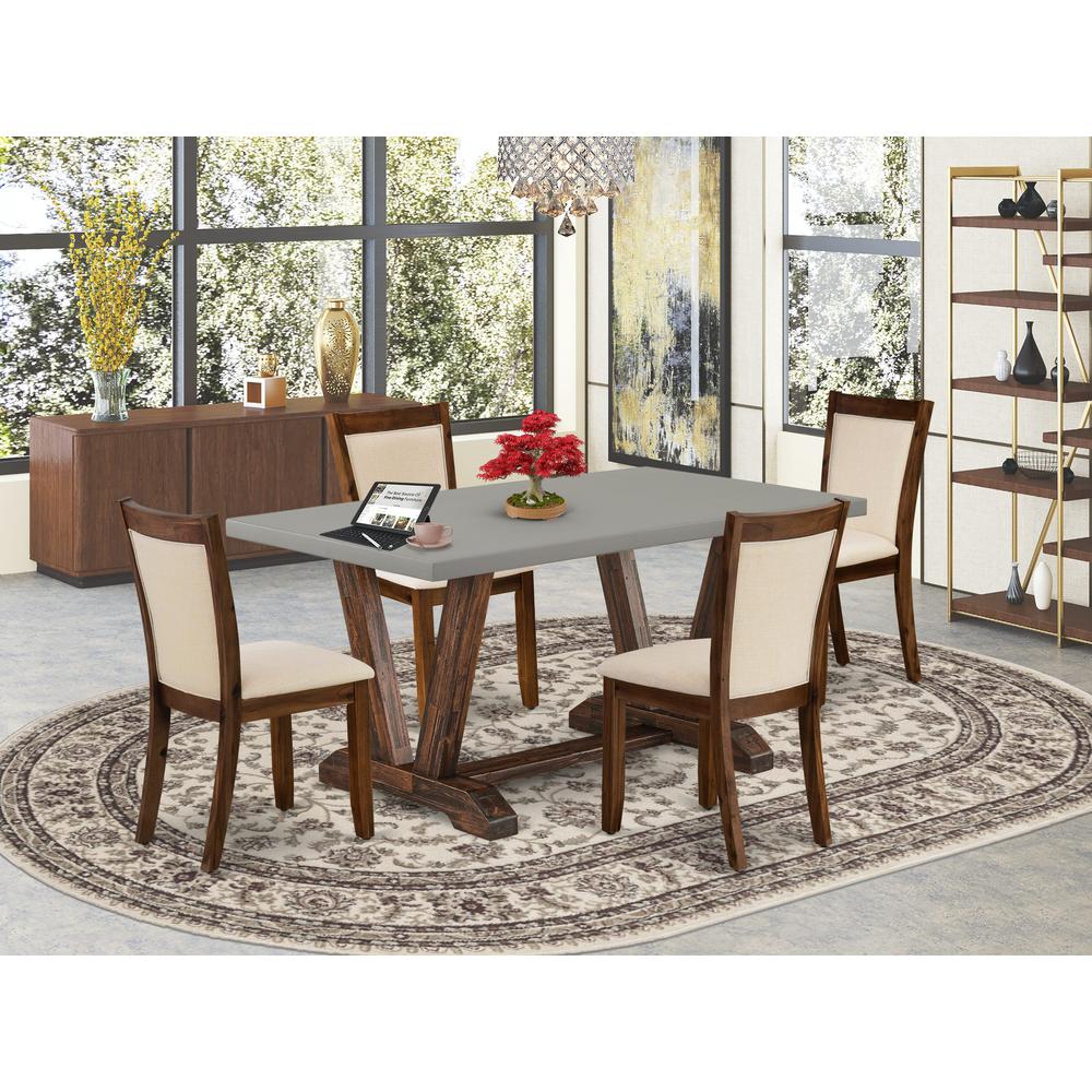 East West Furniture 5-Pc Modern Dining Set Consists of a Mid Century Table and 4 Light Beige Linen Fabric Parsons Chairs with Stylish Back - Distressed Jacobean Finish. Picture 2