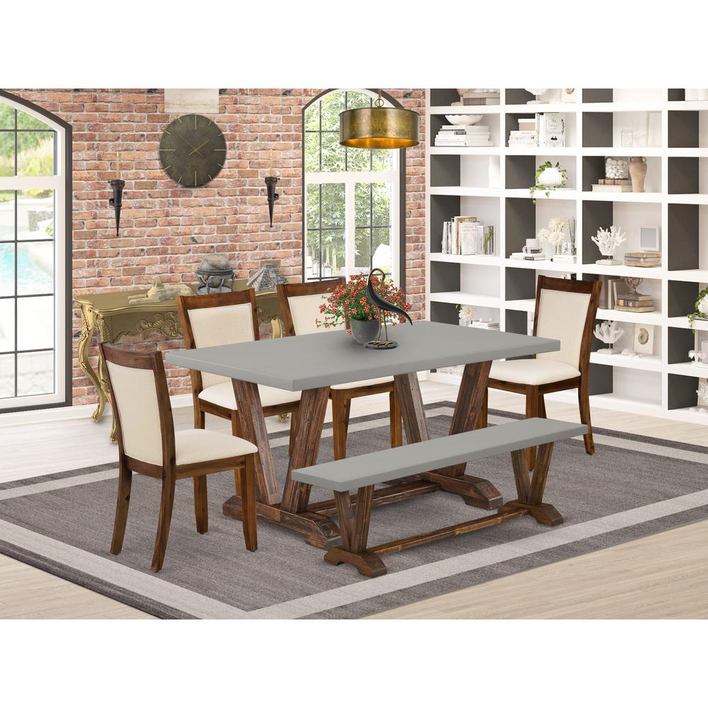East West Furniture 6-Piece Dining Room Set Contains a Dinning Table and a Wooden Bench with 4 Light Beige Linen Fabric Parson Dining Chairs with Stylish Back - Distressed Jacobean Finish. Picture 2
