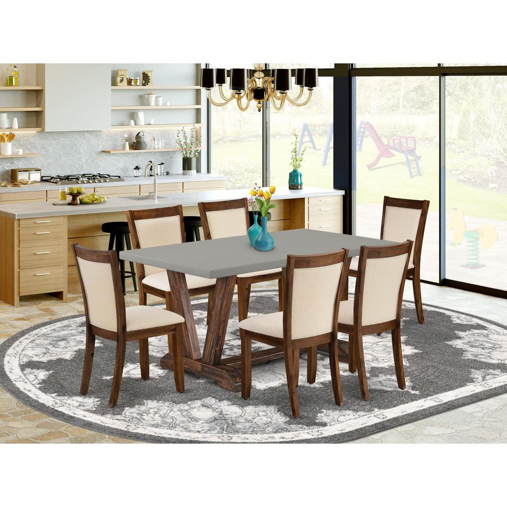 East West Furniture 7-Pc Dinette Set Includes a Wooden Kitchen Table and 6 Light Beige Linen Fabric Modern Dining Chairs with Stylish Back - Distressed Jacobean Finish. Picture 2
