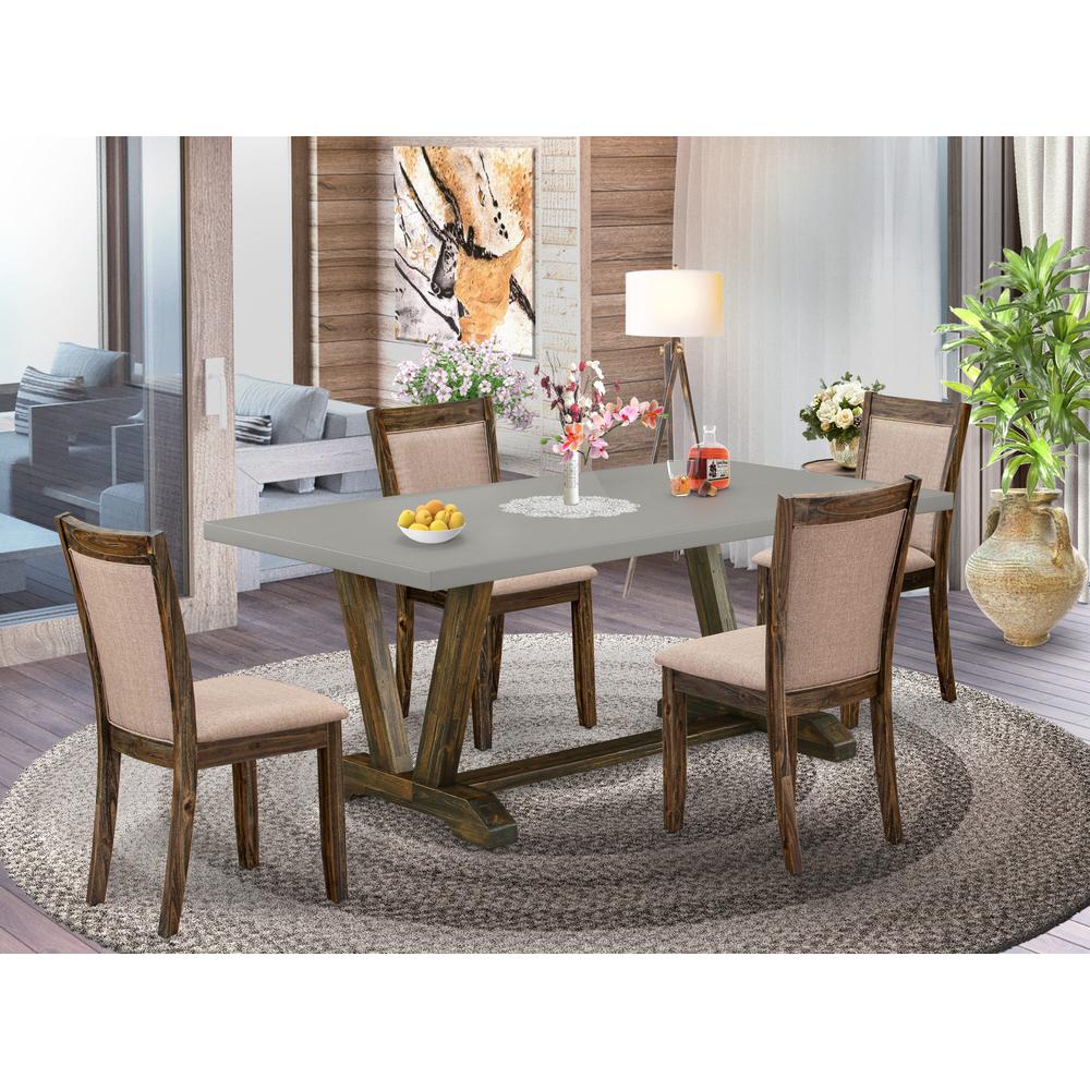 East West Furniture 5 Piece Modern Dining Set - A Cement Top Wooden Table with Trestle Base and 4 Dark Khaki Linen Fabric Chairs For Dining Room - Distressed Jacobean Finish. Picture 2