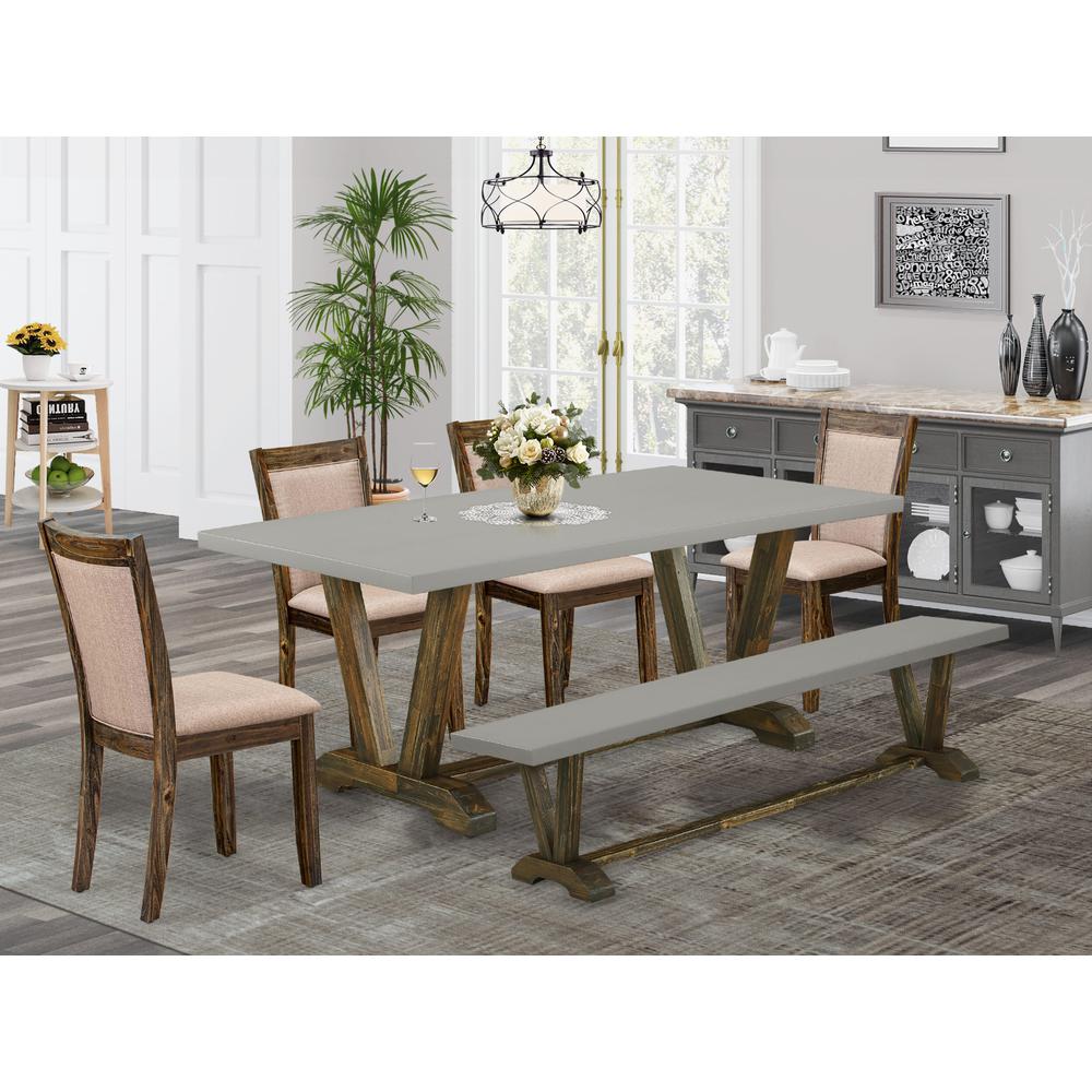 East West Furniture 6 Piece Dinning Set- A Cement Top Kitchen Table in Trestle Base with Wooden Bench and 4 Dark Khaki Linen Fabrics Dining Room Chairs- Distressed Jacobean Finish. Picture 2